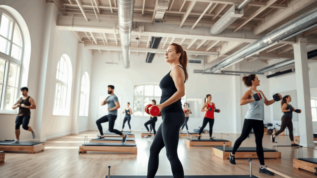 A focused client performing leg presses on a Reformer machine at a premium Pilates studio in Las Vegas, surrounded by sleek equipment and natural light.