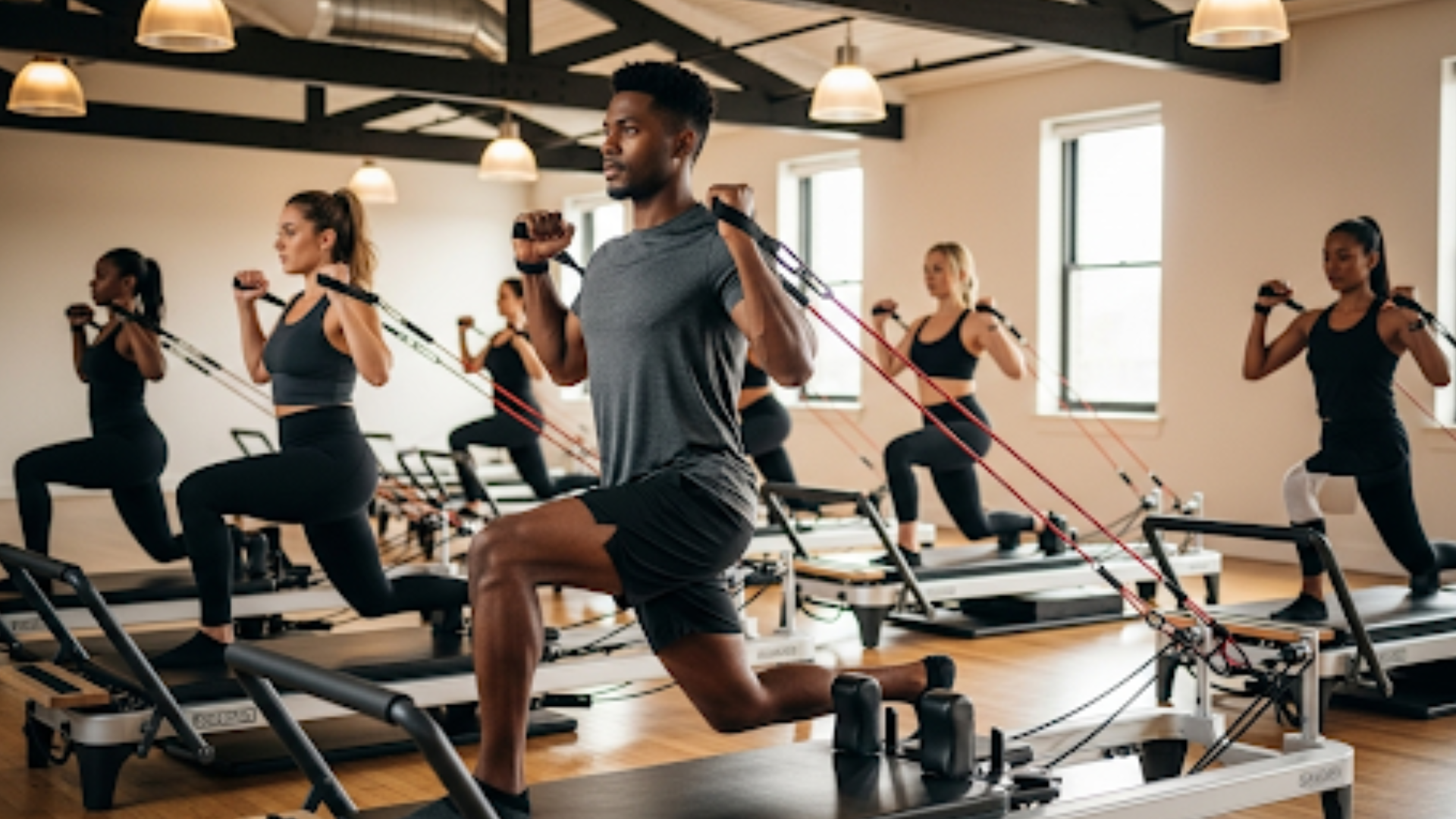 Group enjoying Sunday Pilates Las Vegas session focused on balance and relaxation.
