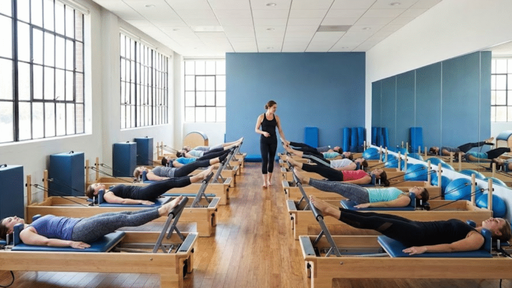 Small-group Sunday Pilates Las Vegas class with people training on reformers for better strength and faster progress