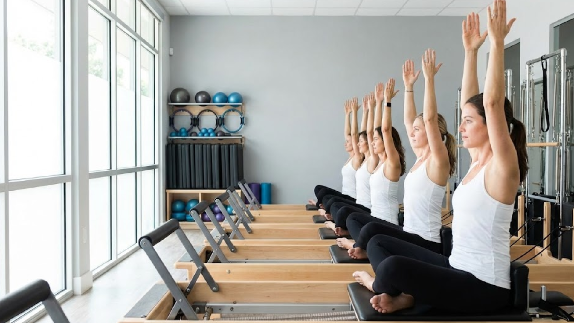 Beginner taking their first Pilates Las Vegas class on a reformer with trainer guidance.