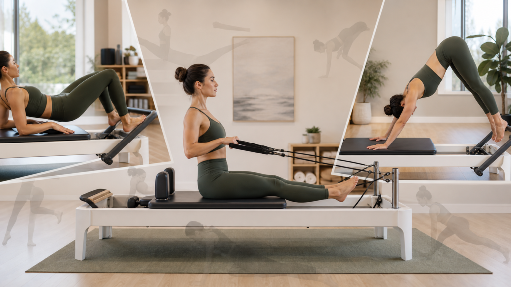 Person performing Pilates reformer exercises to build full-body strength, core stability, and muscle tone