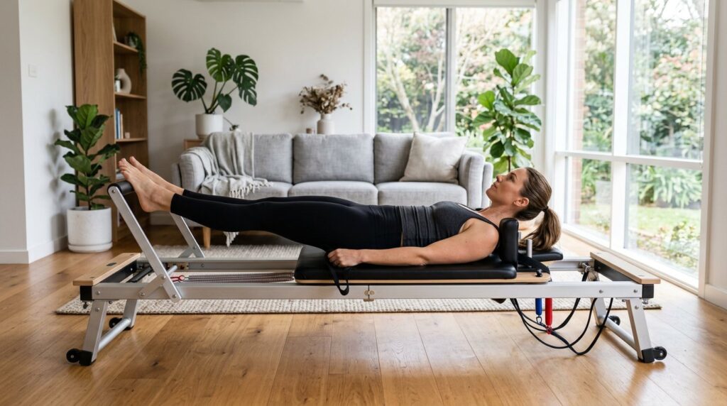 Portable Pilates reformer machine used for home Pilates workouts and full-body strength training
