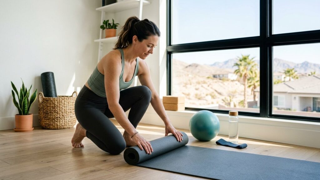 Essential Pilates equipment including a mat, resistance band, stability ball, and reformer for home workouts