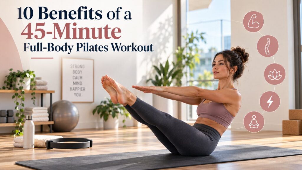 Woman performing a full-body Pilates workout on a mat, highlighting the 10 benefits of a 45-minute Pilates session.