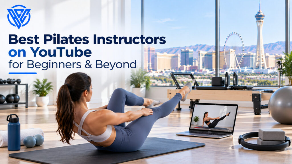Pilates instructor YouTube workout displayed on a laptop while a woman practices Pilates at home