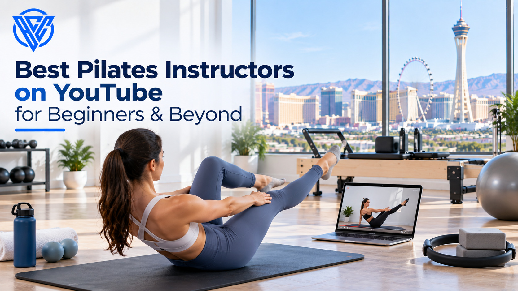 Pilates instructor YouTube workout displayed on a laptop while a woman practices Pilates at home
