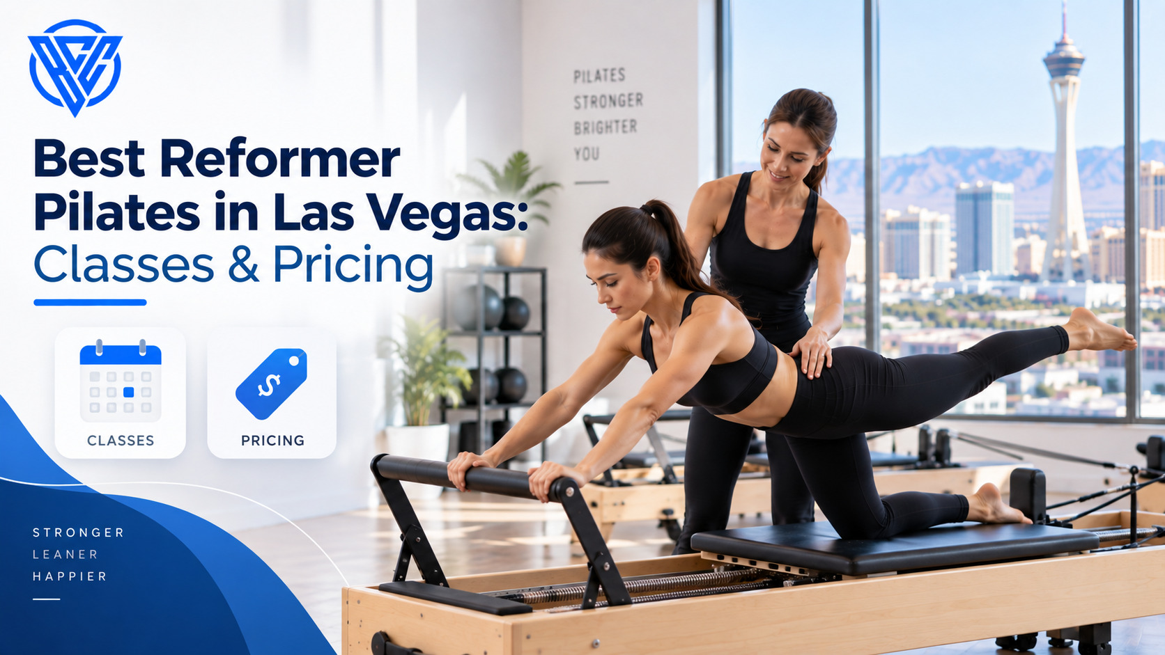 Reformer Pilates in Las Vegas class featuring an instructor helping a woman exercise on a Pilates reformer