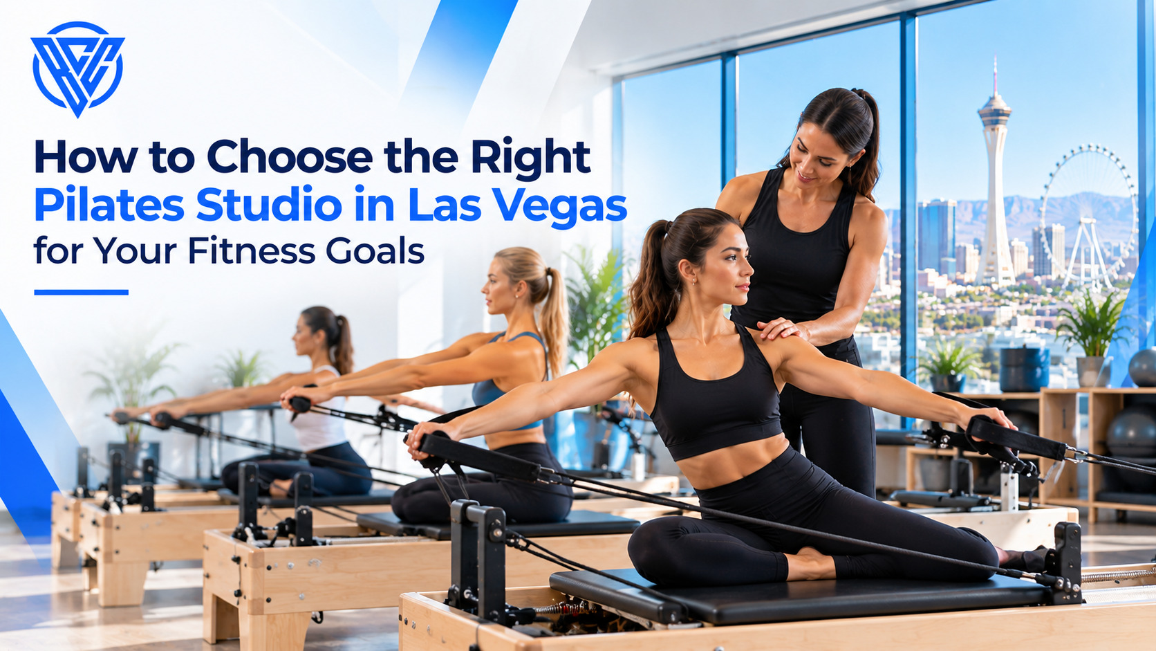 Pilates instructor guiding a woman during a reformer Pilates session at a studio in Las Vegas.