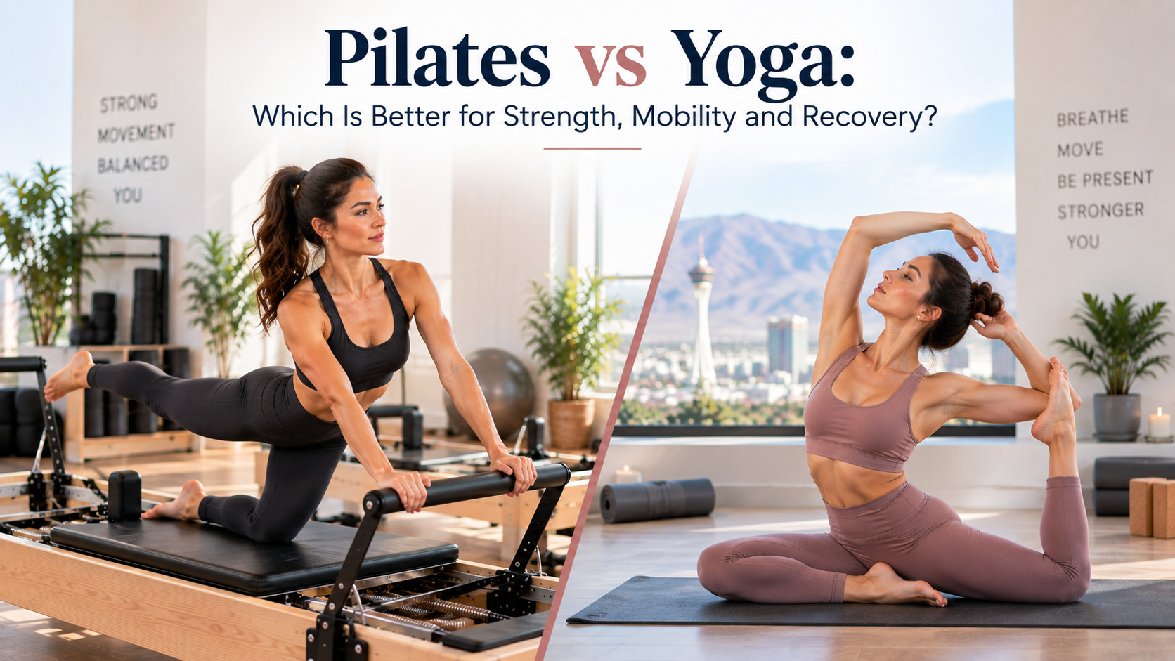 Pilates vs Yoga comparison showing women practicing Pilates on a reformer and yoga on a mat for strength, mobility, and recovery.