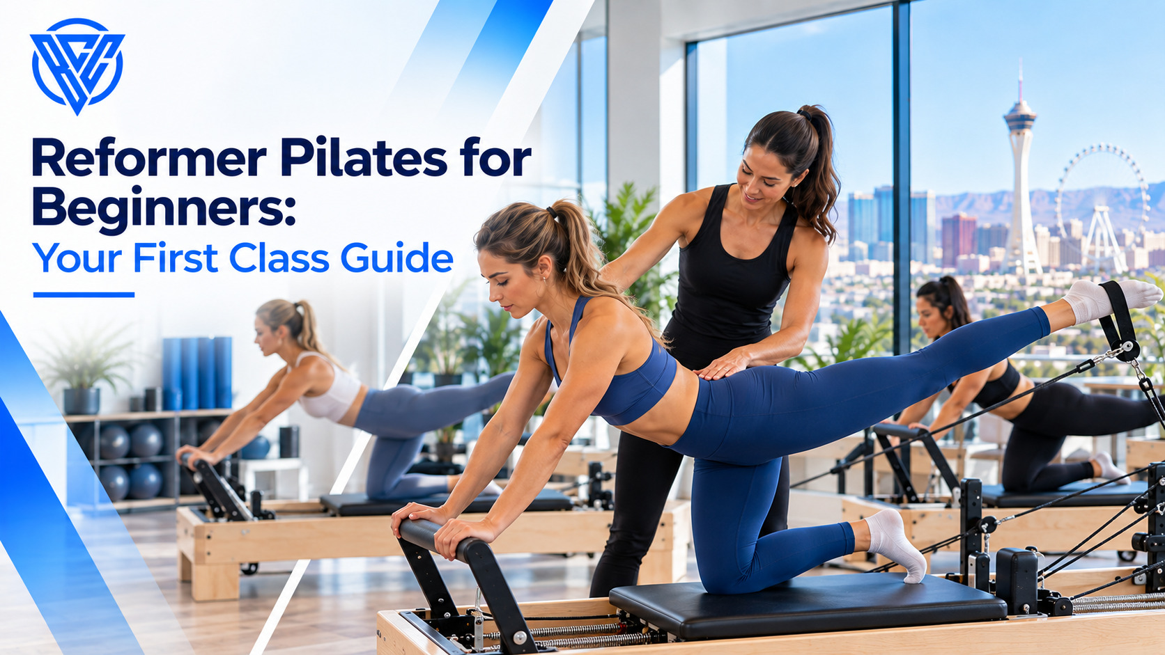 Pilates instructor guiding a beginner through a reformer Pilates exercise during a first class in Las Vegas.