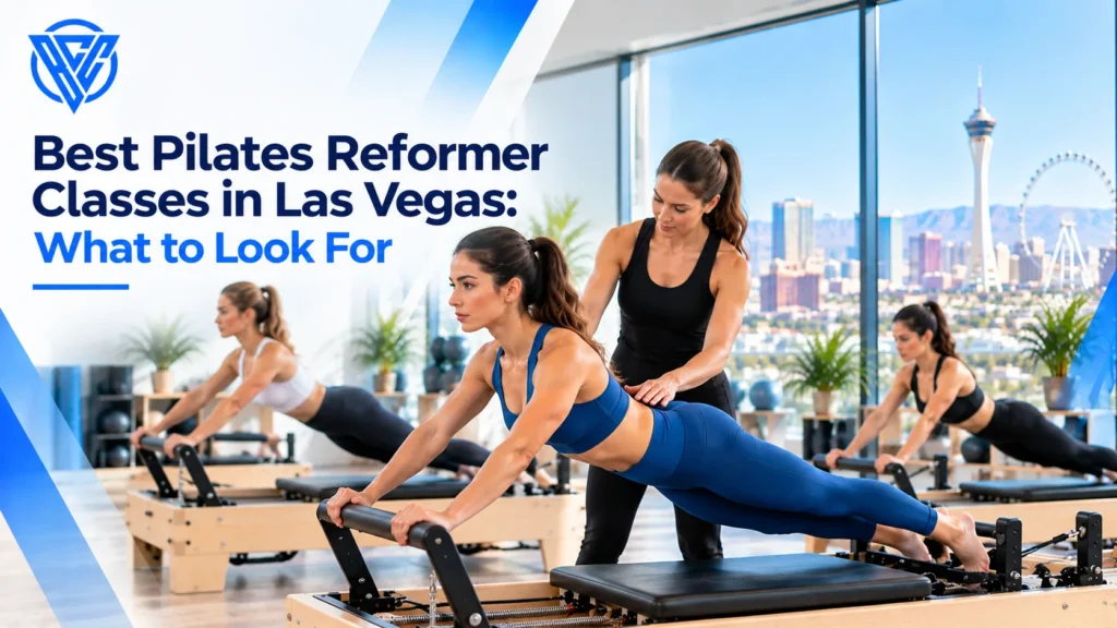 Best Pilates Reformer Classes in Las Vegas featuring an instructor guiding a client during a reformer Pilates session.