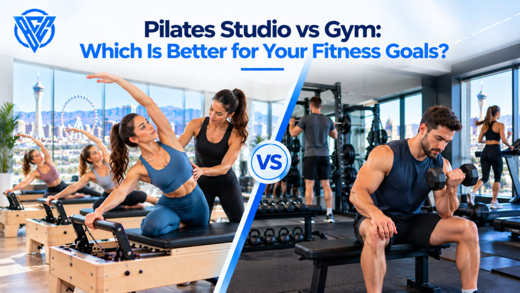 Pilates studio vs gym comparison showing instructor-guided reformer Pilates exercises and traditional strength training with weights.