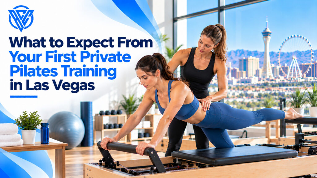 First private Pilates training in Las Vegas with an instructor guiding a beginner through proper reformer Pilates technique.
