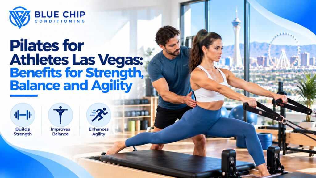 Pilates for athletes in Las Vegas featuring an athlete performing a reformer Pilates exercise with instructor guidance to improve strength, balance, flexibility, and agility.