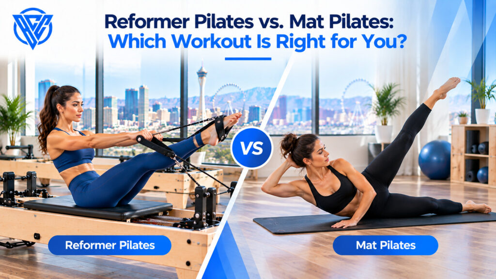 Reformer Pilates vs mat Pilates comparison showing reformer machine exercises and mat-based workouts for strength, flexibility, and core stability.