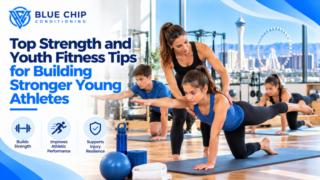 Strength and youth fitness tips showing young athletes performing guided fitness and core-strengthening exercises to improve strength, athletic performance, balance, and injury resilience.